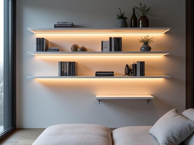 Libreria a parete discreta con illuminazione integrata di Aura Tessile